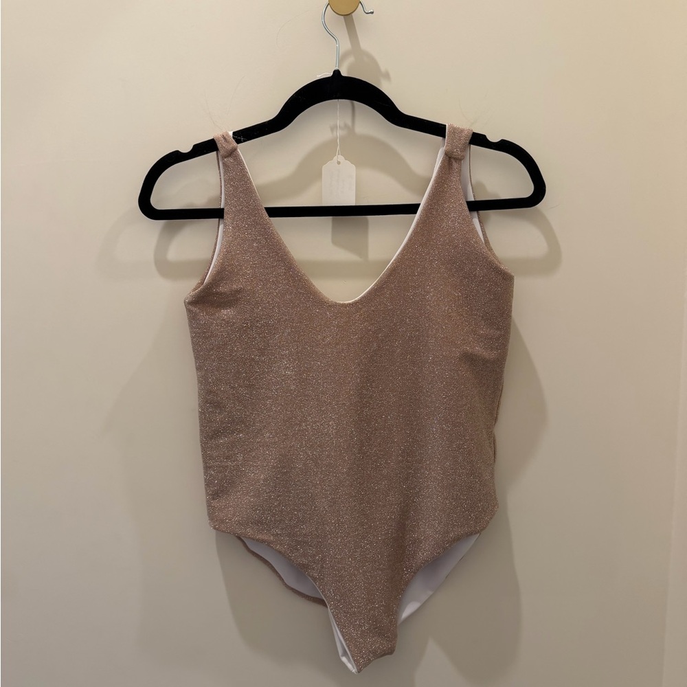 Reversible white and beige sparkly one piece bathing suit